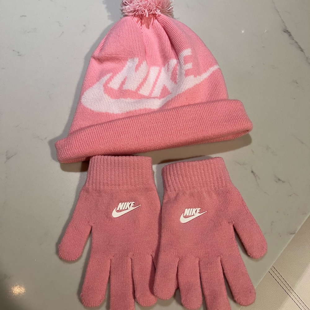 Nike Kids Pink Logo Beanie and Gloves